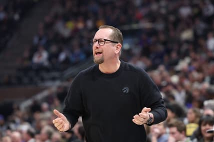 Feb 1, 2023; Salt Lake City, Utah, USA; Toronto Raptors head coach Nick Nurse reacts to a play against the Utah Jazz in the first quarter at Vivint Arena. Mandatory Credit: Rob Gray-USA TODAY Sports