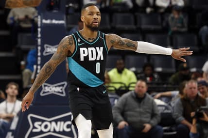 Feb 1, 2023; Memphis, Tennessee, USA; Portland Trail Blazers guard Damian Lillard (0) reacts after a basket during the first half against the Memphis Grizzlies at FedExForum. Mandatory Credit: Petre Thomas-USA TODAY Sports