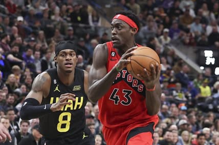 Feb 1, 2023; Salt Lake City, Utah, USA; Toronto Raptors forward Pascal Siakam (43) drives against Utah Jazz forward Jarred Vanderbilt (8) in the second quarter at Vivint Arena. Mandatory Credit: Rob Gray-USA TODAY Sports