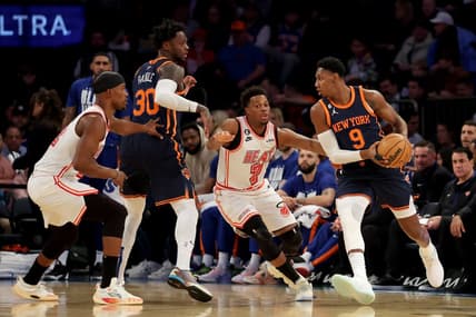 Feb 2, 2023; New York, New York, USA; New York Knicks guard RJ Barrett (9) controls the ball against Miami Heat guard Kyle Lowry (7) during the first quarter at Madison Square Garden. Mandatory Credit: Brad Penner-USA TODAY Sports