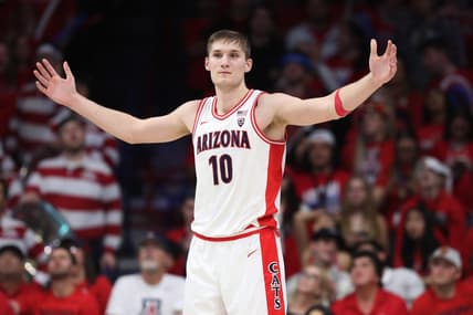 Feb 2, 2023; Tucson, Arizona, USA; Arizona Wildcats forward Azuolas Tubelis (10) after a foul call in the second half at McKale Center. Mandatory Credit: Zachary BonDurant-USA TODAY Sports