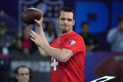 Feb 2, 2023; Henderson, NV, USA; Las Vegas Raiders quarterback Derek Carr (4) throws the ball during the Pro Bowl Skills competition at the Intermountain Healthcare Performance Facility. Mandatory Credit: Kirby Lee-USA TODAY Sports
