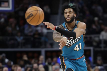 Feb 3, 2023; Detroit, Michigan, USA;  Detroit Pistons forward Saddiq Bey (41) passes in the second half against the Charlotte Hornets at Little Caesars Arena. Mandatory Credit: Rick Osentoski-USA TODAY Sports
