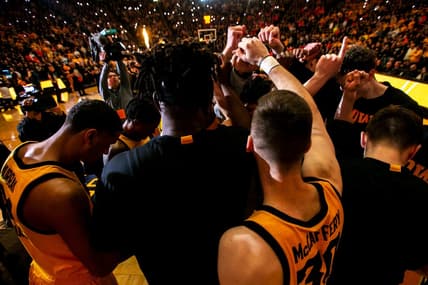 Iowa Hawkeyes players huddle up before a NCAA Big Ten Conference men's basketball game against Illinois, Saturday, Feb. 4, 2023, at Carver-Hawkeye Arena in Iowa City, Iowa.

230204 Illinois Iowa Mbb 003 Jpg