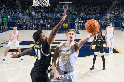 Feb 4, 2023; South Bend, Indiana, USA; Notre Dame Fighting Irish guard Dane Goodwin (23) goes up for a shot as Wake Forest Demon Deacons guard Damari Monsanto (30) defends in the first half at the Purcell Pavilion. Mandatory Credit: Matt Cashore-USA TODAY Sports
