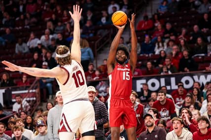 Feb 4, 2023; Columbia, South Carolina, USA; Arkansas Razorbacks forward Makhi Mitchell (15) attempts a three point basket over South Carolina Gamecocks forward Hayden Brown (10) in the first half at Colonial Life Arena. Mandatory Credit: Jeff Blake-USA TODAY Sports