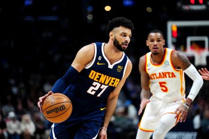 Feb 4, 2023; Denver, Colorado, USA; Denver Nuggets guard Jamal Murray (27) controls the ball in the second quarter against the Atlanta Hawks at Ball Arena. Mandatory Credit: Ron Chenoy-USA TODAY Sports