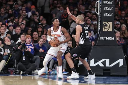 Feb 4, 2023; New York, New York, USA;  New York Knicks guard RJ Barrett (9) looks to post up against LA Clippers forward Nicolas Batum (33) in the third quarter at Madison Square Garden. Mandatory Credit: Wendell Cruz-USA TODAY Sports