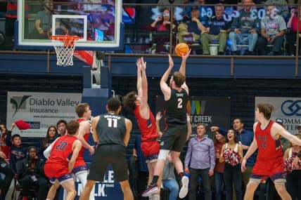 Feb 4, 2023; Moraga, California, USA; Gonzaga Bulldogs forward Drew Timme (2) shoots the basketball over St. Mary's Gaels forward Kyle Bowen (14) during overtime at University Credit Union Pavilion. Mandatory Credit: Neville E. Guard-USA TODAY Sports