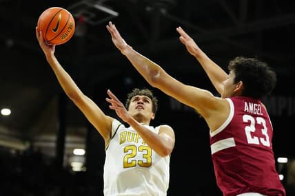 Feb 5, 2023; Boulder, Colorado, USA; Colorado Buffaloes forward Tristan da Silva (23) shoots the ball over Stanford Cardinal forward Brandon Angel (23) in. the first half at the CU Events Center. Mandatory Credit: Ron Chenoy-USA TODAY Sports
