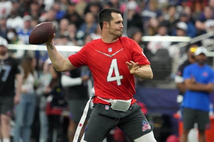 Feb 5, 2023; Paradise, Nevada, USA; AFC quarterback Derek Carr of the Las Vegas Raiders (4) throws the ball against the NFC during the Pro Bowl Games at Allegiant Stadium. Mandatory Credit: Kirby Lee-USA TODAY Sports