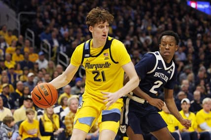 Feb 4, 2023; Milwaukee, Wisconsin, USA;  Marquette Golden Eagles forward Ben Gold (21) during the game against the Butler Bulldogs at Fiserv Forum. Mandatory Credit: Jeff Hanisch-USA TODAY Sports
