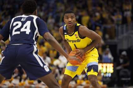 Feb 4, 2023; Milwaukee, Wisconsin, USA;  Marquette Golden Eagles guard Kam Jones (1) during the game against the Butler Bulldogs at Fiserv Forum. Mandatory Credit: Jeff Hanisch-USA TODAY Sports