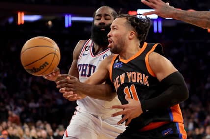 Feb 5, 2023; New York, New York, USA; Philadelphia 76ers guard James Harden (1) knocks the ball away from New York Knicks guard Jalen Brunson (11) during the third quarter at Madison Square Garden. Mandatory Credit: Brad Penner-USA TODAY Sports