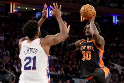 Feb 5, 2023; New York, New York, USA; New York Knicks forward Julius Randle (30) takes a shot against Philadelphia 76ers center Joel Embiid (21) during the fourth quarter at Madison Square Garden. Mandatory Credit: Brad Penner-USA TODAY Sports