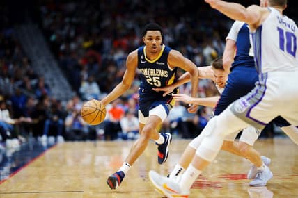 Feb 5, 2023; New Orleans, Louisiana, USA; New Orleans Pelicans guard Trey Murphy III (25) drives to the basket against the Sacramento Kings during the third quarter at Smoothie King Center. Mandatory Credit: Andrew Wevers-USA TODAY Sports