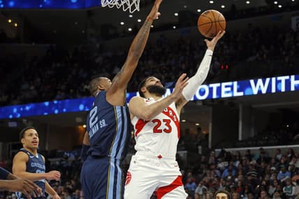 Feb 5, 2023; Memphis, Tennessee, USA; Toronto Raptors guard Fred VanVleet (23) shoots as Memphis Grizzlies forward Xavier Tillman (2) defends during the first half at FedExForum. Mandatory Credit: Petre Thomas-USA TODAY Sports
