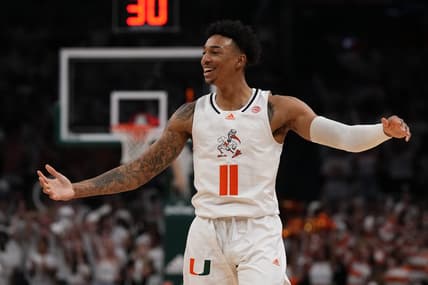 Feb 6, 2023; Coral Gables, Florida, USA; Miami Hurricanes guard Jordan Miller (11) reacts to the crowd during the first half against the Duke Blue Devils at Watsco Center. Mandatory Credit: Jasen Vinlove-USA TODAY Sports