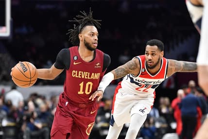 Feb 6, 2023; Washington, District of Columbia, USA; Cleveland Cavaliers guard Darius Garland (10) dribbles as Washington Wizards guard Monte Morris (22) defends during the first half at Capital One Arena. Mandatory Credit: Brad Mills-USA TODAY Sports