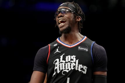 Feb 6, 2023; Brooklyn, New York, USA; Los Angeles Clippers guard Reggie Jackson (1) reacts during the fourth quarter against the Brooklyn Nets at Barclays Center. Mandatory Credit: Brad Penner-USA TODAY Sports