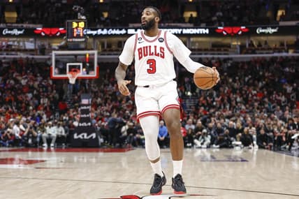 Feb 6, 2023; Chicago, Illinois, USA; Chicago Bulls center Andre Drummond (3) drives to the basket against the San Antonio Spurs during the first half at United Center. Mandatory Credit: Kamil Krzaczynski-USA TODAY Sports