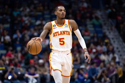 Feb 7, 2023; New Orleans, Louisiana, USA; Atlanta Hawks guard Dejounte Murray (5) brings the ball up court against the New Orleans Pelicans during the first half at Smoothie King Center. Mandatory Credit: Stephen Lew-USA TODAY Sports