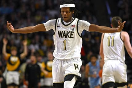 Feb 7, 2023; Winston-Salem, North Carolina, USA; Wake Forest Demon Deacons guard Tyree Appleby (1) celebrates after scoring a three point basket during the second half against the North Carolina Tar Heels at Lawrence Joel Veterans Memorial Coliseum. Mandatory Credit: William Howard-USA TODAY Sports