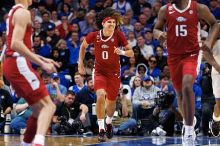 Feb 7, 2023; Lexington, Kentucky, USA; Arkansas Razorbacks guard Anthony Black (0) celebrates during the second half Kentucky Wildcats at Rupp Arena at Central Bank Center. Mandatory Credit: Jordan Prather-USA TODAY Sports