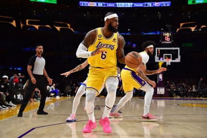 Feb 7, 2023; Los Angeles, California, USA; Los Angeles Lakers forward LeBron James (6) controls the ball against the Oklahoma City Thunder during the second half at Crypto.com Arena. Mandatory Credit: Gary A. Vasquez-USA TODAY Sports
