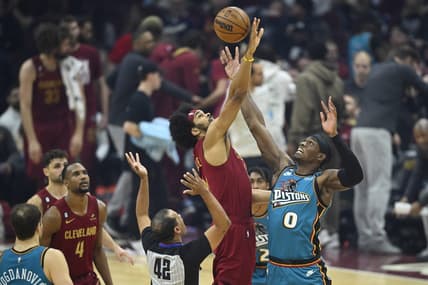 Feb 8, 2023; Cleveland, Ohio, USA; Cleveland Cavaliers center Jarrett Allen (31) and Detroit Pistons center Jalen Duren (0) jump for the ball in the first quarter at Rocket Mortgage FieldHouse. Mandatory Credit: David Richard-USA TODAY Sports