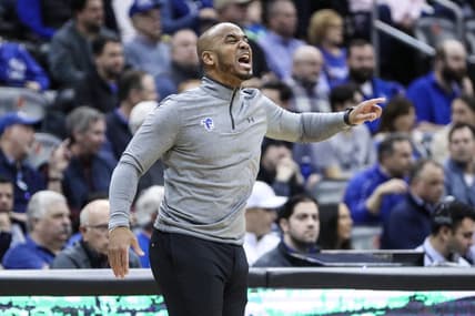 Feb 8, 2023; Newark, New Jersey, USA;  Seton Hall Pirates head coach Shaheen Holloway yells out instructions in the first half against the Creighton Bluejays at Prudential Center. Mandatory Credit: Wendell Cruz-USA TODAY Sports