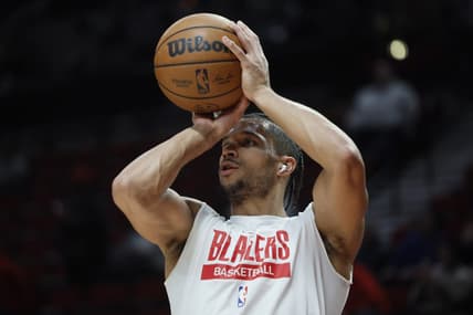 Feb 8, 2023; Portland, Oregon, USA; Portland Trail Blazers shooting guard Josh Hart (11) warms up prior to a game against the Golden State Warriors at Moda Center. Mandatory Credit: Soobum Im-USA TODAY Sports