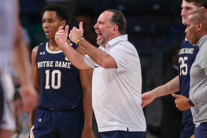 Feb 8, 2023; Atlanta, Georgia, USA; Notre Dame Fighting Irish head coach Mike Brey on the sideline against the Georgia Tech Yellow Jackets in the second half at McCamish Pavilion. Mandatory Credit: Brett Davis-USA TODAY Sports