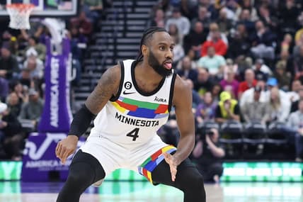 Feb 8, 2023; Salt Lake City, Utah, USA; Minnesota Timberwolves guard Jaylen Nowell (4) reacts to making a three point shot at the buzzer against the Utah Jazz to end the first half at Vivint Arena. Mandatory Credit: Rob Gray-USA TODAY Sports