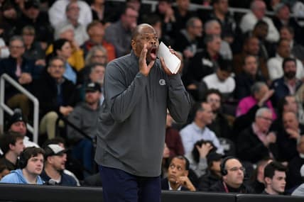 Feb 8, 2023; Providence, Rhode Island, USA; Georgetown Hoyas head coach Patrick Ewing calls out to the team during the second half against the Providence Friars at Amica Mutual Pavilion. Mandatory Credit: Eric Canha-USA TODAY Sports