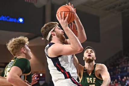 Feb 9, 2023; Spokane, Washington, USA; Gonzaga Bulldogs forward Drew Timme (2) is fouled on the shot by ]s5 in the first half at McCarthey Athletic Center. Mandatory Credit: James Snook-USA TODAY Sports