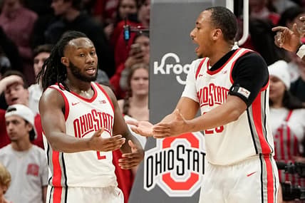 Feb 9, 2023; Columbus, OH, USA;  Ohio State Buckeyes guard Bruce Thornton (2) talks to forward Zed Key (23) during the second half of the NCAA men   s basketball game against the Northwestern Wildcats at Value City Arena. Ohio State lost 69-63. Mandatory Credit: Adam Cairns-The Columbus Dispatch

Basketball Ceb Mbk Northwestern Northwestern At Ohio State