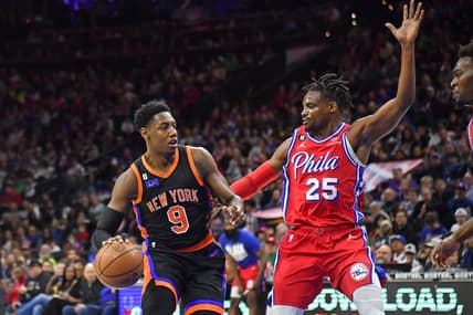 Feb 10, 2023; Philadelphia, Pennsylvania, USA; New York Knicks guard RJ Barrett (9) is defended by Philadelphia 76ers forward Danuel House Jr. (25) during the second quarter at Wells Fargo Center. Mandatory Credit: Eric Hartline-USA TODAY Sports