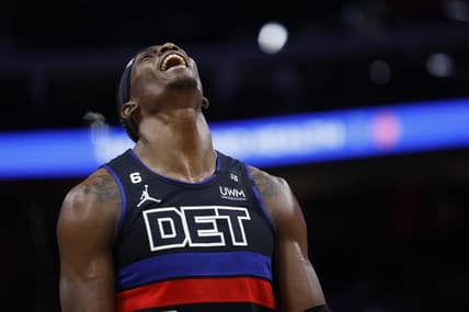 Feb 10, 2023; Detroit, Michigan, USA;  Detroit Pistons center Jalen Duren (0) reacts to a call in the first half against the San Antonio Spurs at Little Caesars Arena. Mandatory Credit: Rick Osentoski-USA TODAY Sports