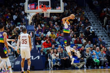 Feb 10, 2023; New Orleans, Louisiana, USA; New Orleans Pelicans forward Larry Nance Jr. (22) dunks the ball against the Cleveland Cavaliers during the second quarter at Smoothie King Center. Mandatory Credit: Andrew Wevers-USA TODAY Sports