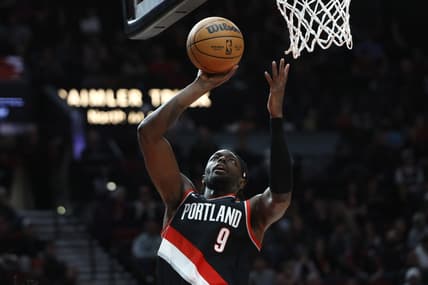 Feb 10, 2023; Portland, Oregon, USA; Portland Trail Blazers small forward Jerami Grant (9) shoots the ball during the first half against the Oklahoma City Thunder at Moda Center. Mandatory Credit: Soobum Im-USA TODAY Sports