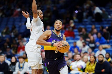 Feb 10, 2023; New Orleans, Louisiana, USA; New Orleans Pelicans guard CJ McCollum (3) drives to the basket against against the Cleveland Cavaliers during the fourth quarter at Smoothie King Center. Mandatory Credit: Andrew Wevers-USA TODAY Sports