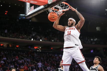 Feb 11, 2023; New York, New York, USA;  St. John's Red Storm center Joel Soriano (11) dunks in the second half against the Providence Friars at Madison Square Garden. Mandatory Credit: Wendell Cruz-USA TODAY Sports