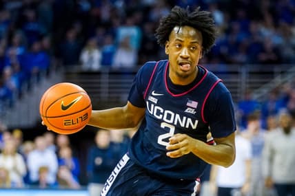 Feb 11, 2023; Omaha, Nebraska, USA; Connecticut Huskies guard Tristen Newton (2) drives to the hoop during the second half against the Creighton Bluejays at CHI Health Center Omaha. Mandatory Credit: Dylan Widger-USA TODAY Sports