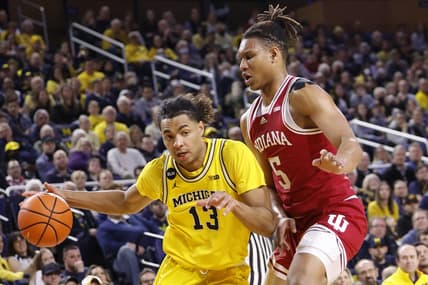 Feb 11, 2023; Ann Arbor, Michigan, USA; Michigan Wolverines guard Jett Howard (13) dribbles on Indiana Hoosiers forward Malik Reneau (5) in the first half at Crisler Center. Mandatory Credit: Rick Osentoski-USA TODAY Sports