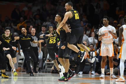 Missouri point guard Nick Honor (10) celebrates Missouri guard DeAndre Gholston (4) game winning buzzer beater during an NCAA college basketball game between the Missouri Tigers and the Tennessee Volunteers in Thompson-Boling Arena in Knoxville, Saturday Feb. 11, 2023. Missouri defeated Tennessee in the final second of the game, 86-85.

Tennesseemissouri0211 1741