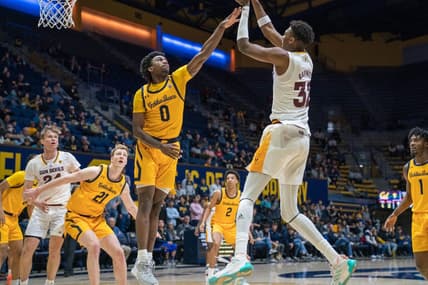 Feb 11, 2023; Berkeley, California, USA; Arizona State Sun Devils forward Alonzo Gaffney (32) shoots the basketball over California Golden Bears guard Marsalis Roberson (0) during the first half at Haas Pavilion. Mandatory Credit: Neville E. Guard-USA TODAY Sports