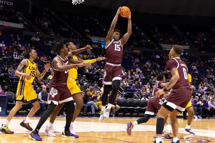 Feb 11, 2023; Baton Rouge, Louisiana, USA;  Texas A&M Aggies forward Henry Coleman III (15) grabs a rebound against the LSU Tigers during the first half at Pete Maravich Assembly Center. Mandatory Credit: Stephen Lew-USA TODAY Sports