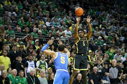 Oregon guard Jermaine Couisnard puts up a shot from the three-point line as the Oregon Ducks host the No. 7 UCLA Bruins Saturday, Feb. 11, 2023, at Matthew Knight Arena in Eugene, Ore.

Ncaa Basketball No 7 Ucla At Oregon Ucla At Oregon