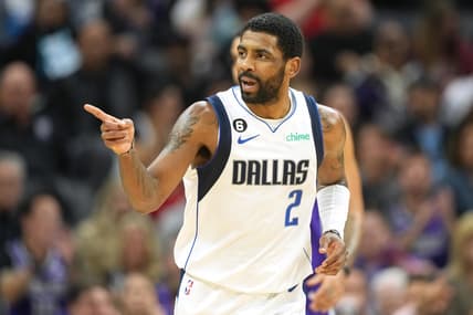 Feb 11, 2023; Sacramento, California, USA; Dallas Mavericks guard Kyrie Irving (2) gestures during the fourth quarter against the Sacramento Kings at Golden 1 Center. Mandatory Credit: Darren Yamashita-USA TODAY Sports